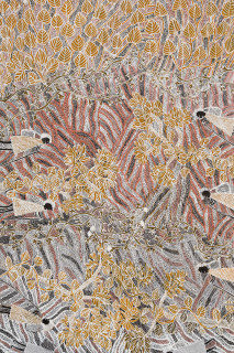 Yalmakany Marawili Meditjin (detail), 2025; 4958-25; earth pigments on stringybark; 225 x 94 cm; enquire