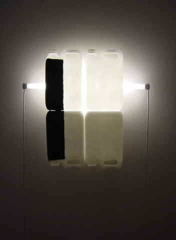 Bill Culbert Black on White V, 2004; fluorescent lights, electrical cords, plastic bottles, acrylic paint; 58 x 62 x 13 cm; enquire