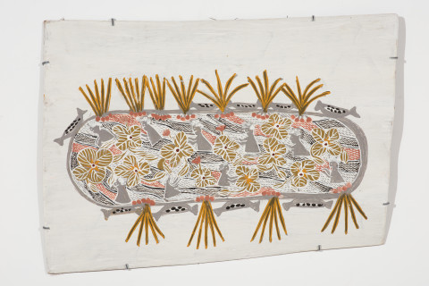 Yalmakany Marawili Women Harvesting Lillies, 2024; 4440-24; earth pigments on Stringybark; 57 x 82 cm; more info; enquire