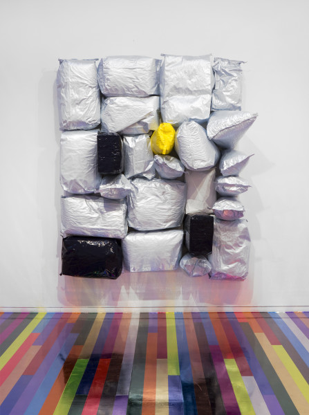 Jim Lambie Other Side of the Sun, 2015; Potato bags, acrylic paint, expanding foam on canvas; 210 x 178 x 60 cm