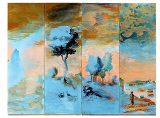 Tony Clark Landscape with St Hilda and Ammonites & Landscape for a Mammoth, 2006; acrylic and permanent ink on canvas board; 4 panels, overall dimensions 120 x 160cm; enquire