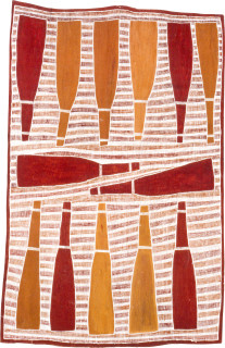 Robyn Djunginy Bottles, 1991; natural ochre pigments on Stringybark; 122 x 78 cm; enquire