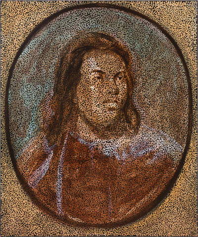 Daniel Boyd Untitled (OOMWAAT), 2023; oil, charcoal and archival glue on canvas; 122 x 102 cm; enquire