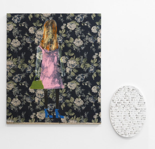 Jenny Watson A mature woman, 2018; acrylic and oil on rabbit skin glue primed Japanese chintz, acrylic on primed canvas; two parts: 107.5 x 91 cm; 51 x 36 cm