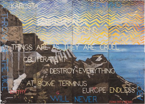 Imants Tillers Nature Speaks: GP, 2019; synthetic polymer paint, gouache on 16 canvasboards, nos. 109123 - 109138; 101 x 141.5 cm; enquire
