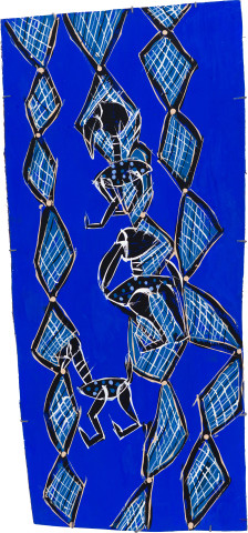 Dhambit Munuŋgurr Quail and fire, 2020; 2643-20; earth pigments and acrylic on bark; 147 x 67 cm; more info; enquire