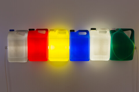 Bill Culbert Strait (Grey Red Yellow Blue White Green), 2015; fluorescent light, plastic bottles; 31 x 120 x 12 cm; enquire