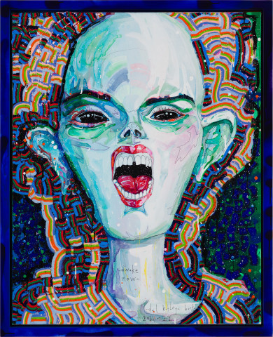 Del Kathryn Barton awake now, 2021-22; acrylic and oil on linen, hand finished frame; 109.5 x 89 cm; more info; enquire