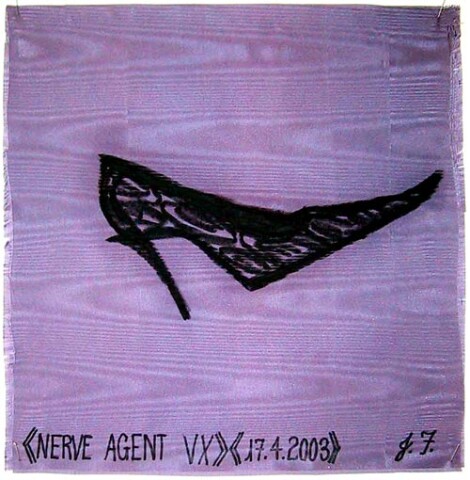 Jacqueline Fraser Nerve Agent VX >, 2003; from the series AN ELEGANT PORTRAIT REFINED IN ELEVEN STUDIOUS PARTS >; oil stick on fabric (framed); 32 x 32 cm; enquire