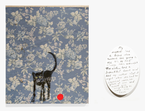 Jenny Watson Old black cat and red rubber ball, 2018; from the series Sydney Contemporary 2018; acrylic on rabbit skin glue primed Japanese chintz and acrylic on oval text panel; two parts: 100 x 84cm; 51 x 36cm; Enquire
