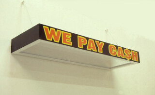 Callum Morton We Pay Cash, 1998; wood, laminate, enamel, acrylic, aluminium, vinyl; 150 x 50 x 15 cm; enquire