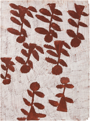 Nyapanyapa Yunupingu Djorra (paper) 20, 2014; TPA077; felt tip pen, earth pigments on discarded print proofs; 75 x 56 cm; Enquire