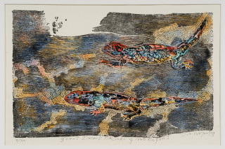 John Wolseley Great Desert Skinks I, 2026; woodcut and watercolour on Tengucho paper; 32 x 48 cm; 61 x 77 cm (framed); Edition of 20; enquire