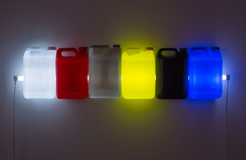 Bill Culbert Strait (White Red Grey Yellow Black Blue), 2015; fluorescent light, plastic bottles; 30 x 120 x 12 cm; enquire