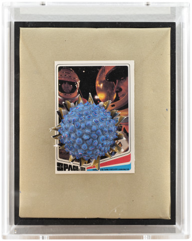 Rohan Wealleans Space: 1999 (1), 2014; paint and polystyrene on trading cards; 17 x 13.8 x 9 cm; enquire