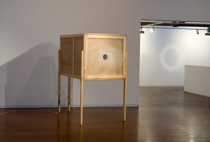 Installation view, Marley Dawson: Coop, 2009, timber, electrics, mechanics, 197 x 118 x 205 cm
