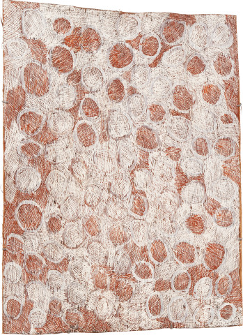 Nyapanyapa Yunupiŋu Mangutji #5, 2010; 3719A; Natural earth pigments on bark; 106 x 76 cm; enquire