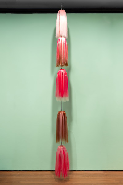 Patricia Piccinini Strand (Triple Pink Stripy Bombshell), 2023; synthetic hair, plastic, stainless steel, mechanism; dimensions variable; enquire