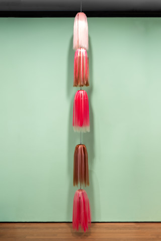 Patricia Piccinini Strand (Triple Pink Stripy Bombshell), 2023; synthetic hair, plastic, stainless steel, mechanism; dimensions variable; more info; enquire