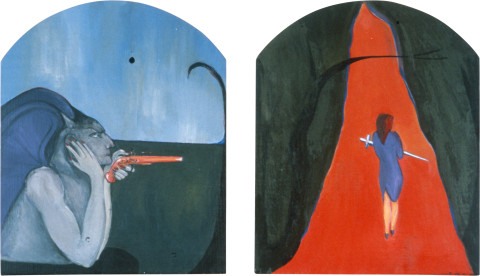 Vivienne Shark LeWitt Charles Meryon The Voyeur 1827-68, La Belle et La Bete, 1983; acrylic on wood, 2 panels; 60 x 35 cm; enquire