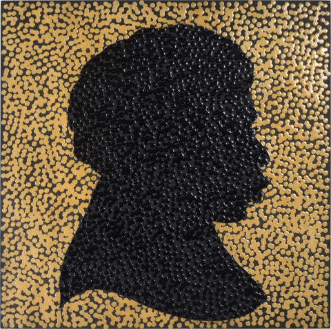 Daniel Boyd Untitled (YLP), 2016; oil, paper and polymer medium on board; 51 x 51 cm; enquire