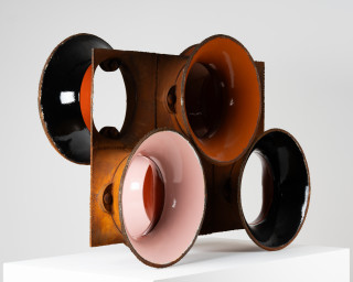 James Angus All Gates Open, 2025; steel, enamel paint; 92 x 130 x 43 cm; enquire
