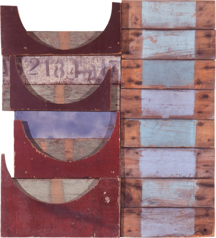 Rosalie Gascoigne High Water Mark, 1992; weathered formwork on plywood; 68.3 x 61.8 cm; enquire