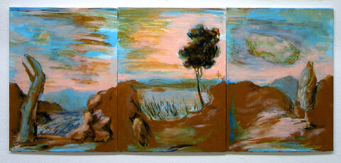 Tony Clark Sections from Clark's Myriorama, 2006; acrylic and permanent ink on canvas board; 3 panels, overall dimensions 30.5 x 68 cm; enquire
