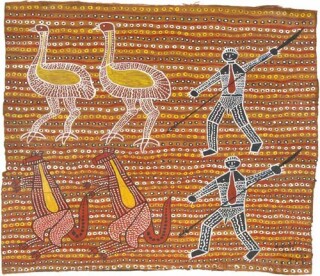 Robert Campbell Jnr Spearing the Emu and the Kangaroo, 1986; acrylic on bark and board; 72 x 86 cm; enquire