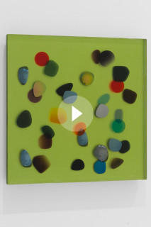 Jim Lambie March 1988, Symphony, 2026; resin, sunglasses lens, birch plywood, paint; 51 x 51 x 5 cm; enquire
