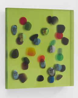 Jim Lambie March 1988, Symphony, 2026; resin, sunglasses lens, birch plywood, paint; 51 x 51 x 5 cm; enquire