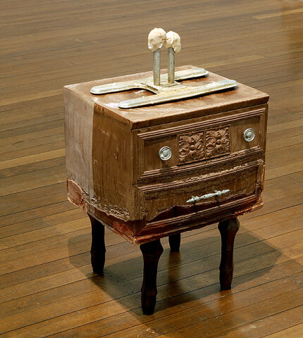 Hany Armanious Split Fountain, 2009; cast pigmented polyurethane resin, cast pewter, cast earthenware, pigment; 81 x 39 x 45 cm; enquire