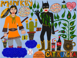Kaylene Whiskey Monkey Magic and Cat Kungka, 2019; acrylic on linen; 91 x 122 cm; enquire