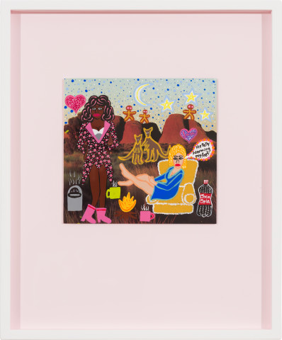 Kaylene Whiskey Dolly Warming her Feet, 2022; acrylic on page from found book; 20.1 x 21.3 cm; 47 x 39 cm (framed); enquire