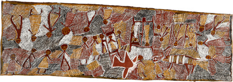 Nyapanyapa Yunupiŋu Airlift to Darwin Hospital, 2008; natural earth pigments on bark; 53 x 165 cm; enquire