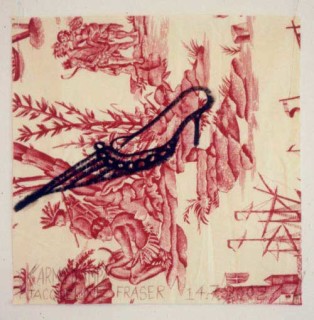 Jacqueline Fraser >, 2002; from the series Jacqueline Fraser 14.7.2002 Parisian Fabric Drawings; Oil stick on cream and red aquataine print; 32 x 32 cm; enquire