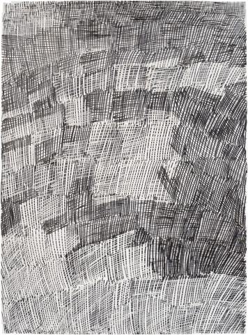 Nyapanyapa Yunupingu Djorra (paper) 8, 2014; TPA126; felt tip pen, earth pigments on discarded print proofs; 75 x 56 cm; Enquire