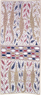 John Baya Biyay-Yirritji - Forest Goannas, Eggs, 1989; natural ochre pigments on Stringybark; 176 x 77 cm; enquire