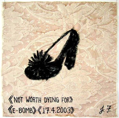Jacqueline Fraser Not worth dying for > >, 2003; from the series AN ELEGANT PORTRAIT REFINED IN ELEVEN STUDIOUS PARTS >; oil stick on fabric (framed); 32 x 32 cm; enquire
