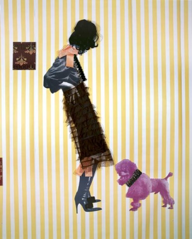 Jacqueline Fraser The Ventriloquist spies a poodle., 2005; taffeta moire' ribbon, sequin ribbons, ruffle tulle, back light photo, wig, French silk brocade; 180 x 160 cm; enquire