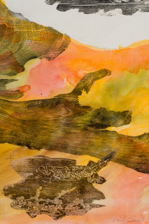 John Wolseley Great desert skinks on their basking mound in the Great
Sandy desert II (detail), 2026; watercolour and woodblock print on paper; 98 x 187 cm; 113 x 202 cm (framed); enquire