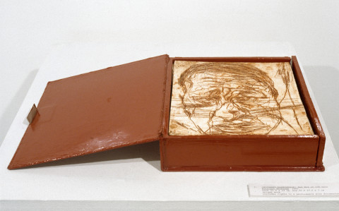 Mike Parr (ALPHABET/HAEMORRHAGE) Red Box of 100 Self Portrait Etchings, 1993; 32 x 27.5 x 7 cm; enquire