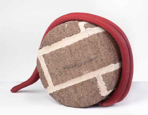 Caroline Rothwell Curiosity 4, 2023; Core drilled brick section, hydrostone, canvas, steel, paint; 22 x 34 x 12 cm; more info; enquire