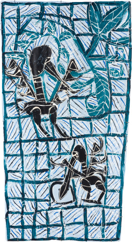 Dhambit Munuŋgurr Father and daughter Brolgas, 2023; 4741-22; acrylic on bark; 202 x 110 cm; enquire
