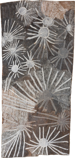 Nyapanyapa Yunupingu untitled, 2018, 6248-18, natural earth pigments on bark, 229 x 109 cm