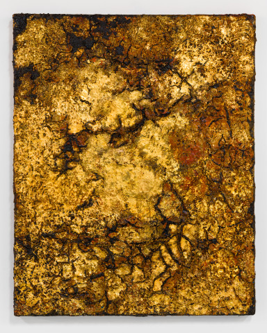Kirtika Kain impression small, 2024; gold, tar, acrylic
paint, impasto and rice grains; 75 x 60 cm; more info; enquire