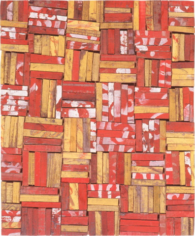 Rosalie Gascoigne Tesseraw W, 1991; sawn / split soft drink crates on plywood; 43.5 x 36 cm; enquire