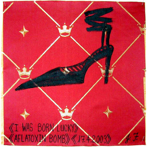 Jacqueline Fraser I was born lucky > >, 2003; from the series AN ELEGANT PORTRAIT REFINED IN ELEVEN STUDIOUS PARTS >; oil stick on fabric (framed); 32 x 32 cm; enquire