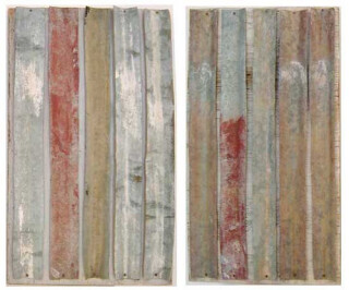 Rosalie Gascoigne Hollyhocks, 1997; corrugated iron strips on weathered board; 75 x 90 cm; 2 panels; enquire
