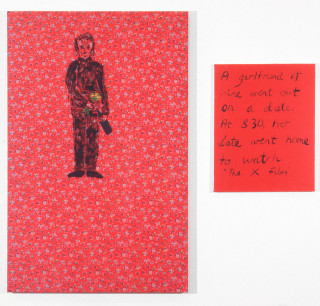 Jenny Watson Date, 1994; Oil on Liberty fabric & acrylic on stretcher; 111 x 72cm; 51 x 40.5cm; enquire